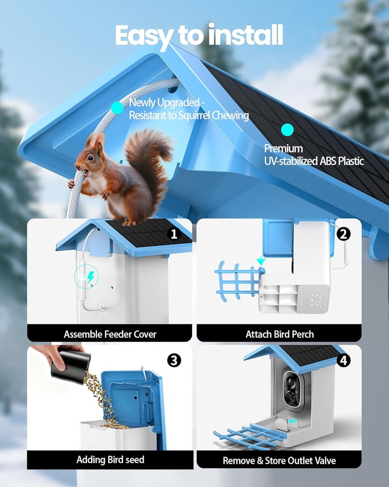isYoung ​​ Smart Bird Feeder with Camera, 2.5K QHD Resolution, AI Identify 16000+ Birds, AI Auto-Capture & Motion Detection, IP65 Water-Resistant, 5W Solar Powered, Best Gift for Bird Lovers（Blue） - Image 5
